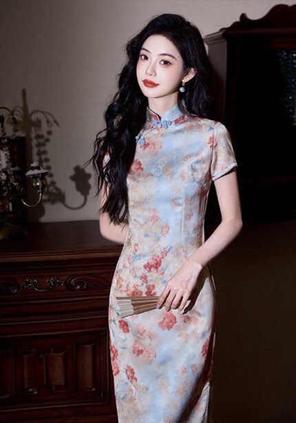 Exquisite Floral-Print Cheongsam Dress