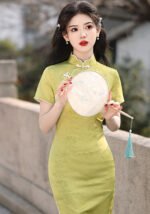 Exquisite Floral Summer Jacquard Qipao Green