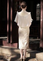 Graceful Fringed Cape Cheongsam Set Modern Lace Qipao