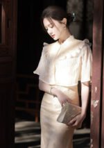Graceful Fringed Cape Cheongsam Set Modern Lace Qipao