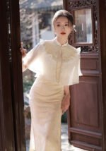 Graceful Fringed Cape Cheongsam Set Modern Lace Qipao