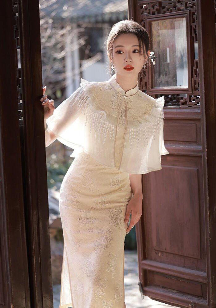 Graceful Fringed Cape Cheongsam Set Modern Lace Qipao