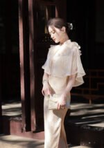 Graceful Fringed Cape Cheongsam Set Modern Lace Qipao