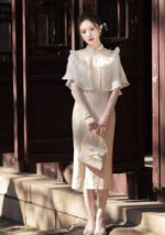 Graceful Fringed Cape Cheongsam Set Modern Lace Qipao
