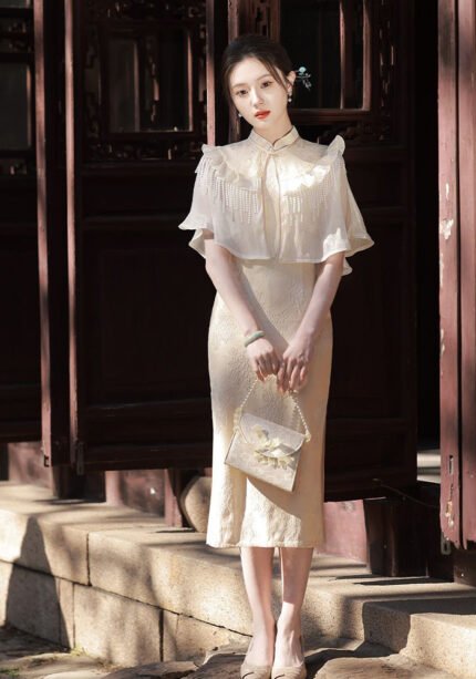 Graceful Fringed Cape Cheongsam Set Modern Lace Qipao