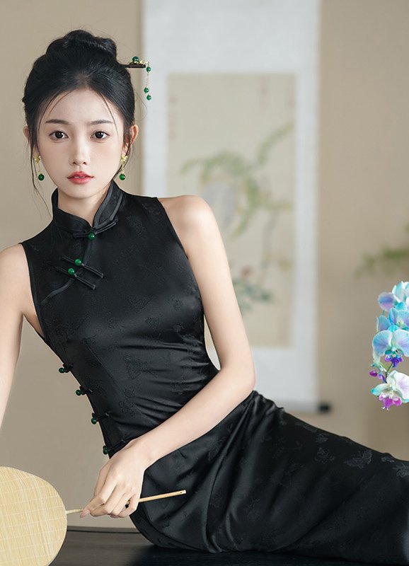 Halter Neck​ Qipao Black Chinese Style Dress