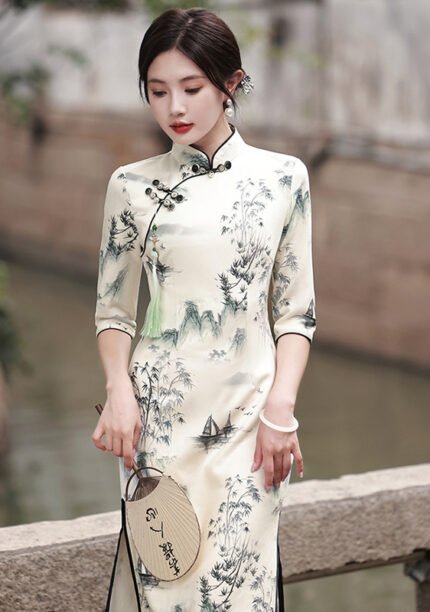 Hand-Painted Ink Wash Cheongsam Dress