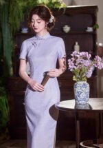 Lavender Cheongsam Embroidered Qipao Dress