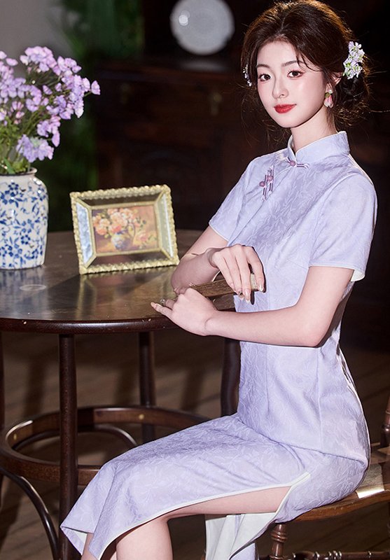 Lavender Cheongsam Embroidered Qipao Dress