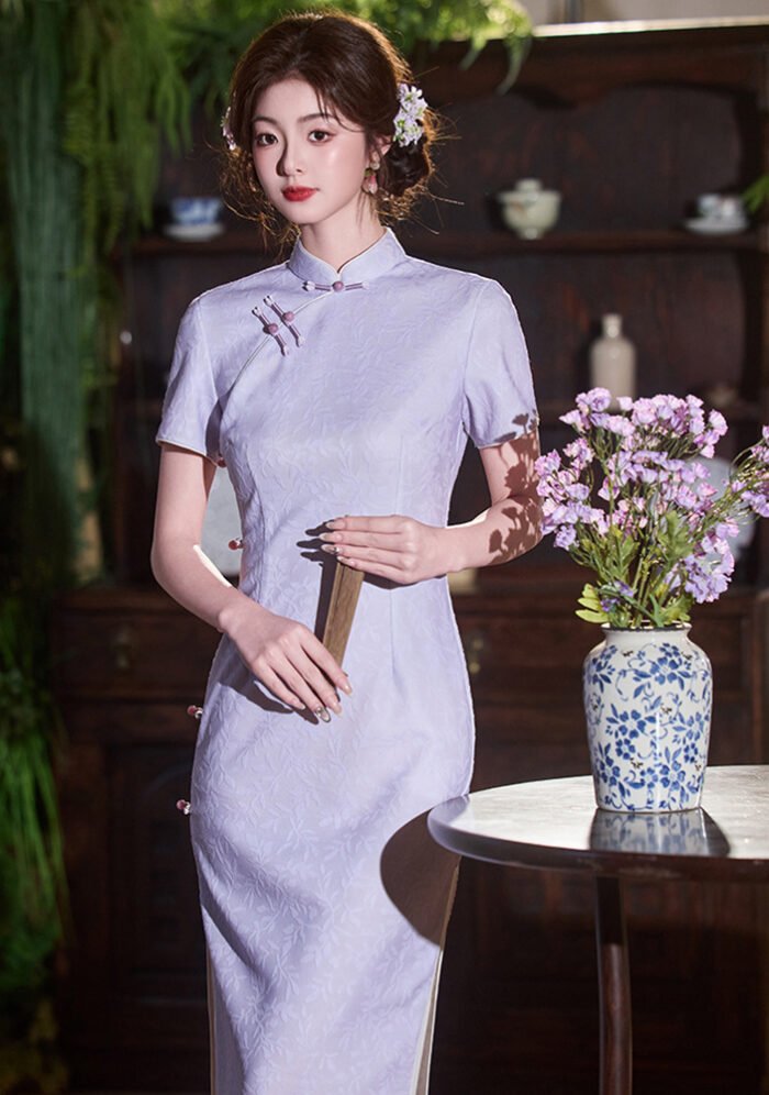Lavender Cheongsam Embroidered Qipao Dress