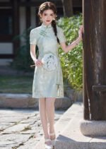 Light Green Floral Patterns Chinese Style Cheongsam Dress