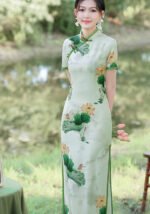 Elegant Lotus Print Chinese Cheongsam Dress