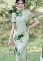 Elegant Lotus Print Chinese Cheongsam Dress