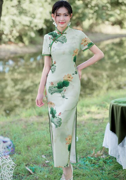 Elegant Lotus Print Chinese Cheongsam Dress