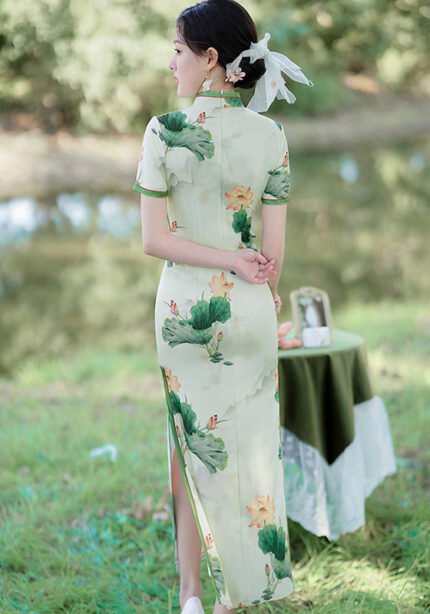 Elegant Lotus Print Chinese Cheongsam Dress