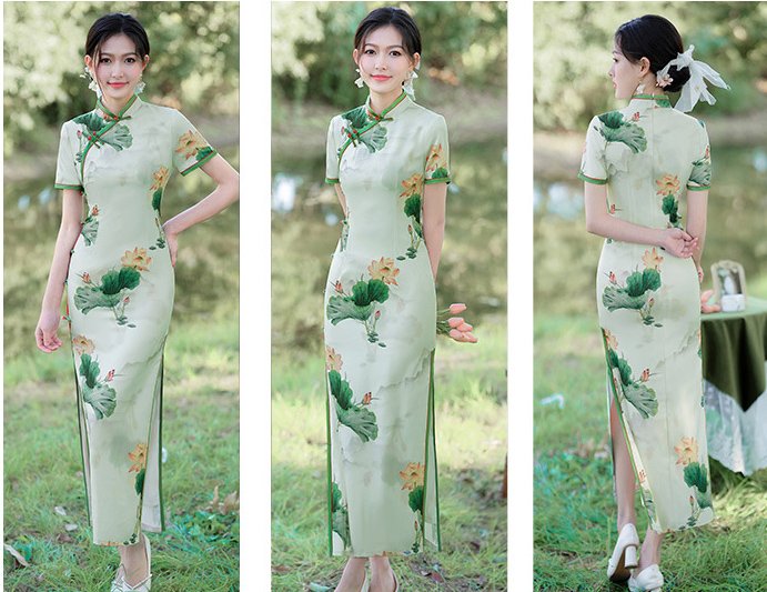 Elegant Lotus Print Chinese Cheongsam Dress