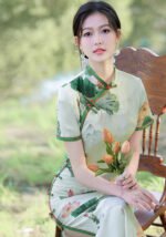 Elegant Lotus Print Chinese Cheongsam Dress