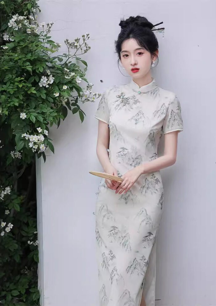 ​​Mountain & Bamboo Ink Art Cheongsam Dress