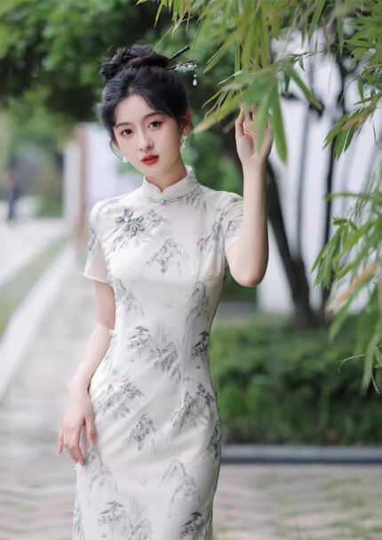 ​​Mountain & Bamboo Ink Art Cheongsam Dress