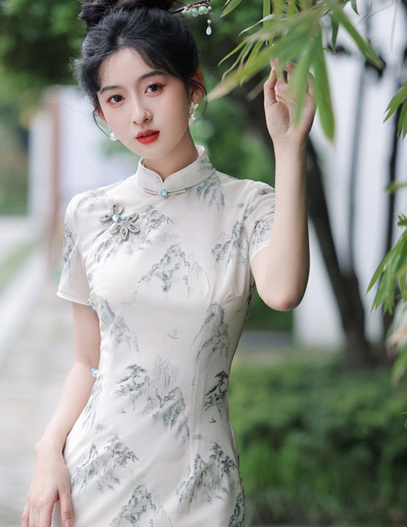 ​​Mountain & Bamboo Ink Art Cheongsam Dress