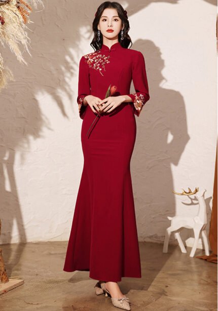 Red Floral Embroidered Traditional Qipao Dress