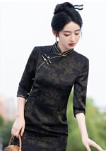 Retro Black Cheongsam Dress Long Split