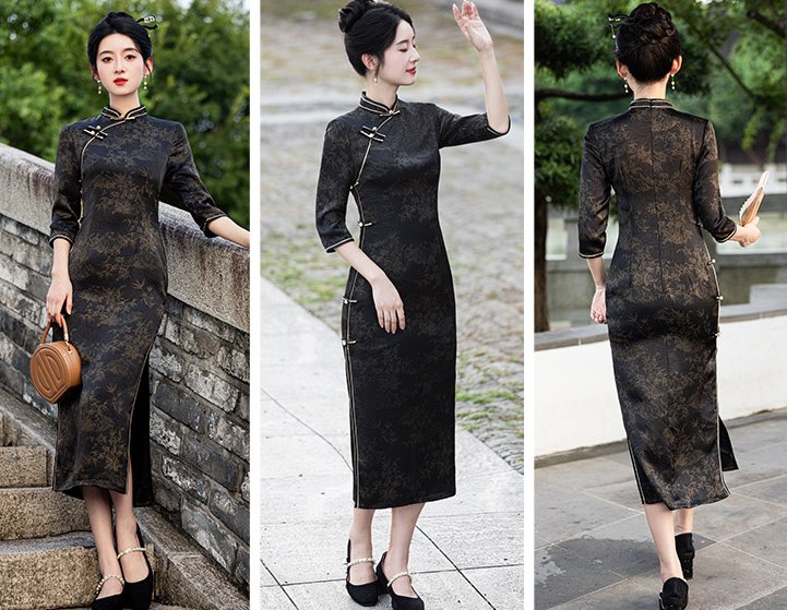 Retro Black Cheongsam Dress Long Split