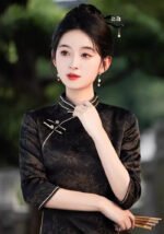 Retro Black Cheongsam Dress Long Split