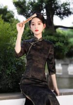 Retro Black Cheongsam Dress Long Split