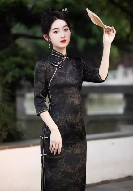 Retro Black Cheongsam Dress Long Split