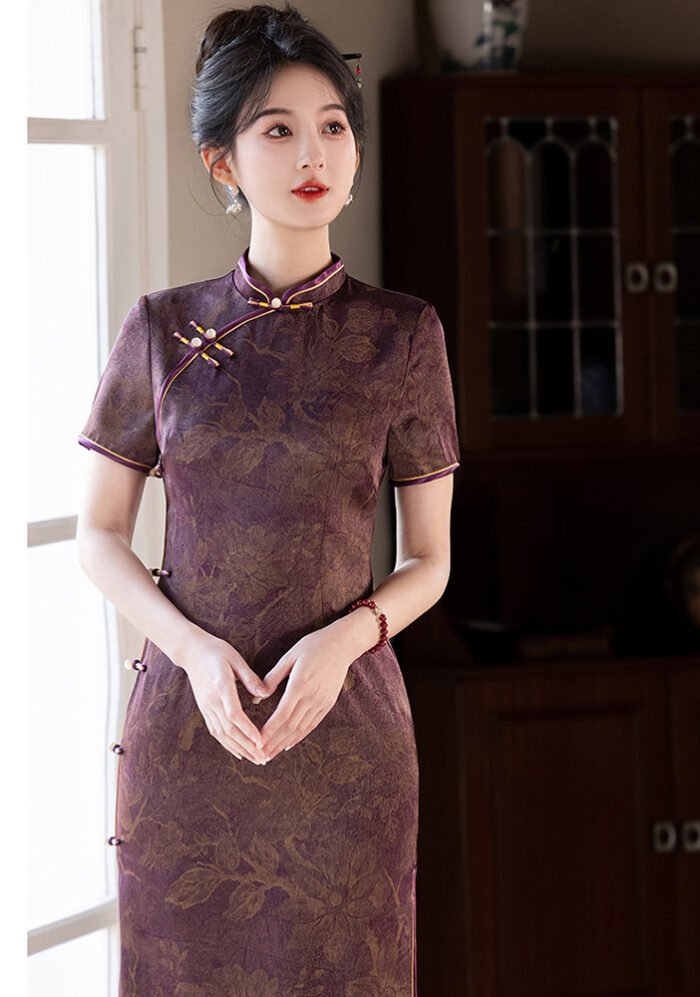 Royal Purple Green Traditional Floral Qipao