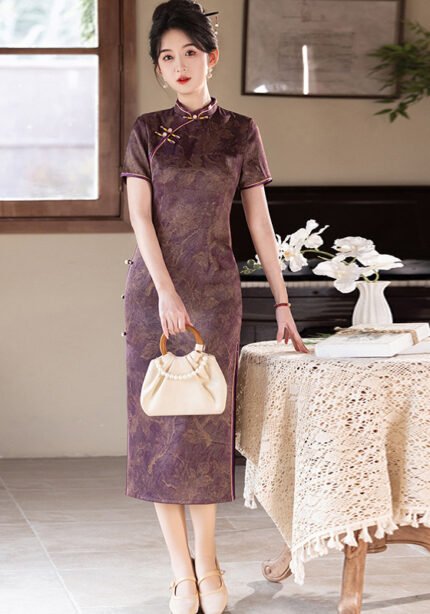 Royal Purple Green Traditional Floral Qipao