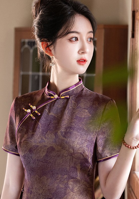 Royal Purple Green Traditional Floral Qipao
