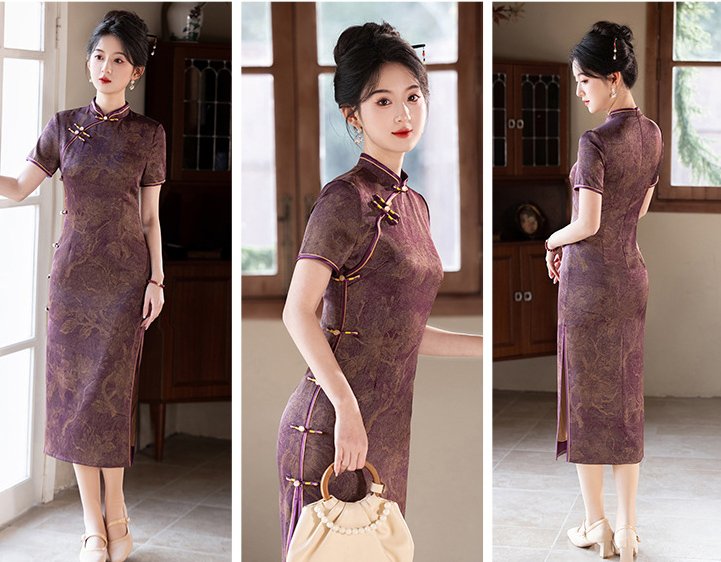 Royal Purple Green Traditional Floral Qipao