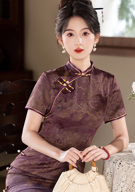Royal Purple Green Traditional Floral Qipao