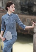 Serene Blue Landscape Embroidered Cheongsam Dress