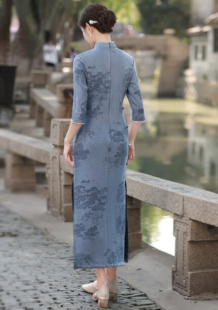 Serene Blue Landscape Embroidered Cheongsam Dress
