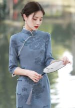 Serene Blue Landscape Embroidered Cheongsam Dress