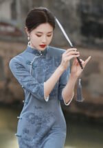 Serene Blue Landscape Embroidered Cheongsam Dress
