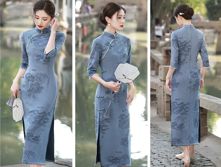 Serene Blue Landscape Embroidered Cheongsam Dress