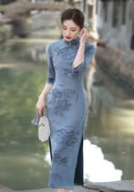 Serene Blue Landscape Embroidered Cheongsam Dress