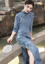 Serene Blue Landscape Embroidered Cheongsam Dress