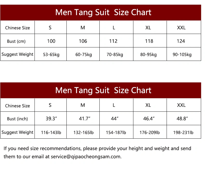 men tang suit size chart