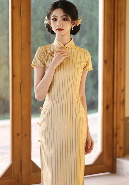 Striped Cheongsam Modern Traditional Qipao Dress