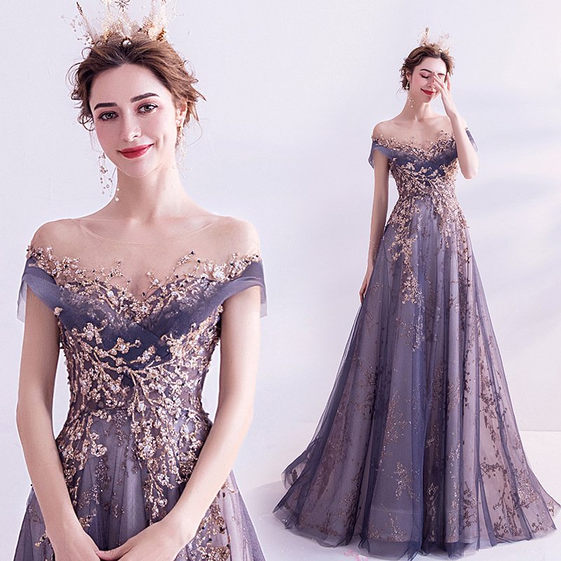Tulle Evening Gown Gold Embellished Princess Dress for Weddings & Galas