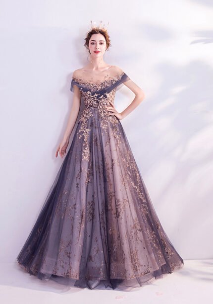 Tulle Evening Gown Gold Embellished Princess Dress for Weddings & Galas