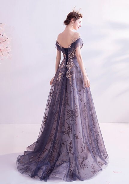 Tulle Evening Gown Gold Embellished Princess Dress for Weddings & Galas