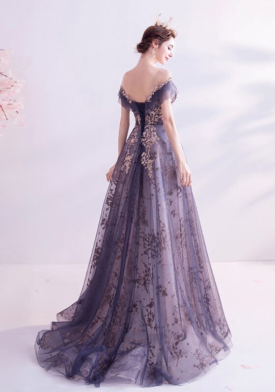 Tulle Evening Gown Gold Embellished Princess Dress for Weddings & Galas