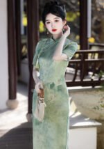 Verdant Harmony Cheongsam Bamboo & Lotus Embroidered Silk Dress​