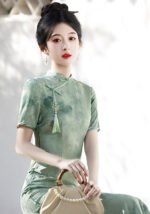 Verdant Harmony Cheongsam Bamboo & Lotus Embroidered Silk Dress​